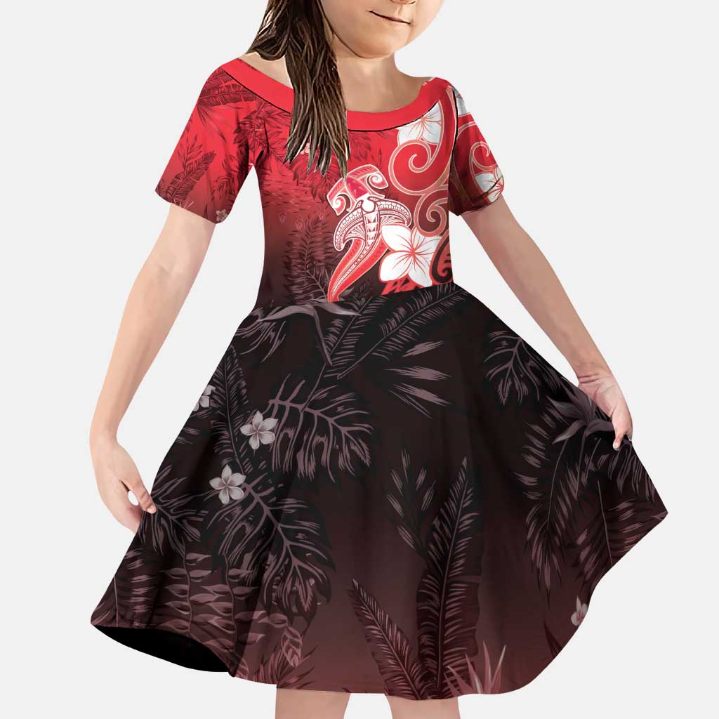 Polynesia Hammerhead Shark Family Matching Puletasi and Hawaiian Shirt Red Tribal Pattern With Plumeria LT05 Daughter's Dress Red - Polynesian Pride