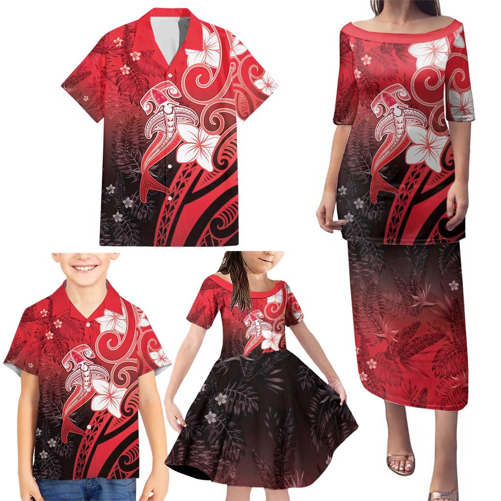 Polynesia Hammerhead Shark Family Matching Puletasi and Hawaiian Shirt Red Tribal Pattern With Plumeria LT05 - Polynesian Pride