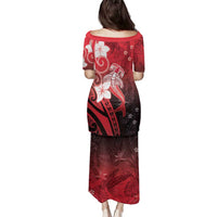 Polynesia Hammerhead Shark Family Matching Puletasi and Hawaiian Shirt Red Tribal Pattern With Plumeria LT05 - Polynesian Pride