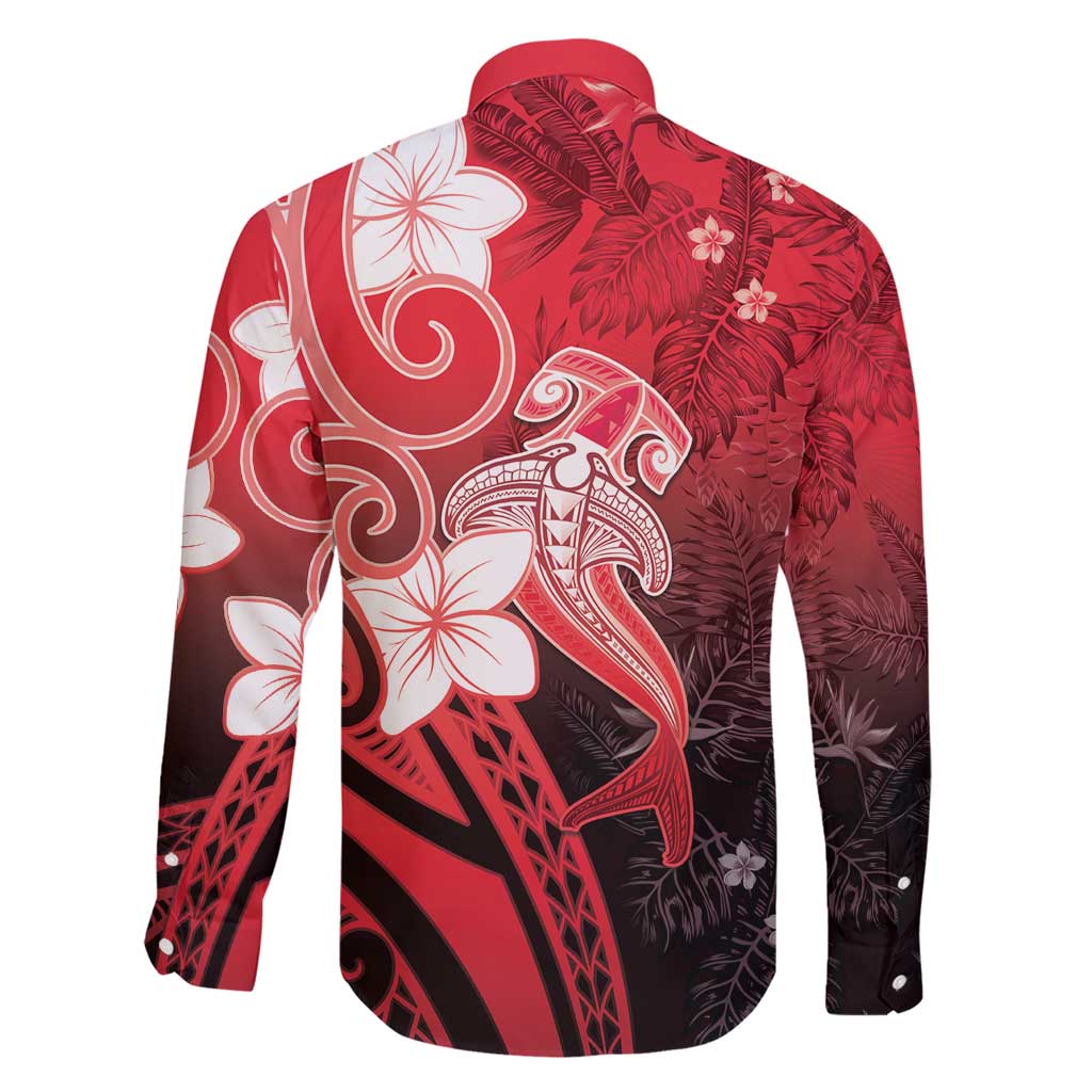 Polynesia Hammerhead Shark Family Matching Short Sleeve Bodycon Dress and Hawaiian Shirt Red Tribal Pattern With Plumeria - Polynesian Pride