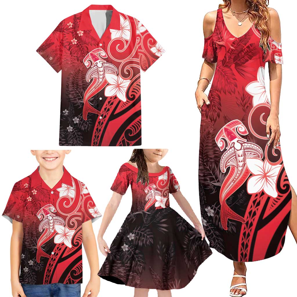 Polynesia Hammerhead Shark Family Matching Summer Maxi Dress and Hawaiian Shirt Red Tribal Pattern With Plumeria - Polynesian Pride