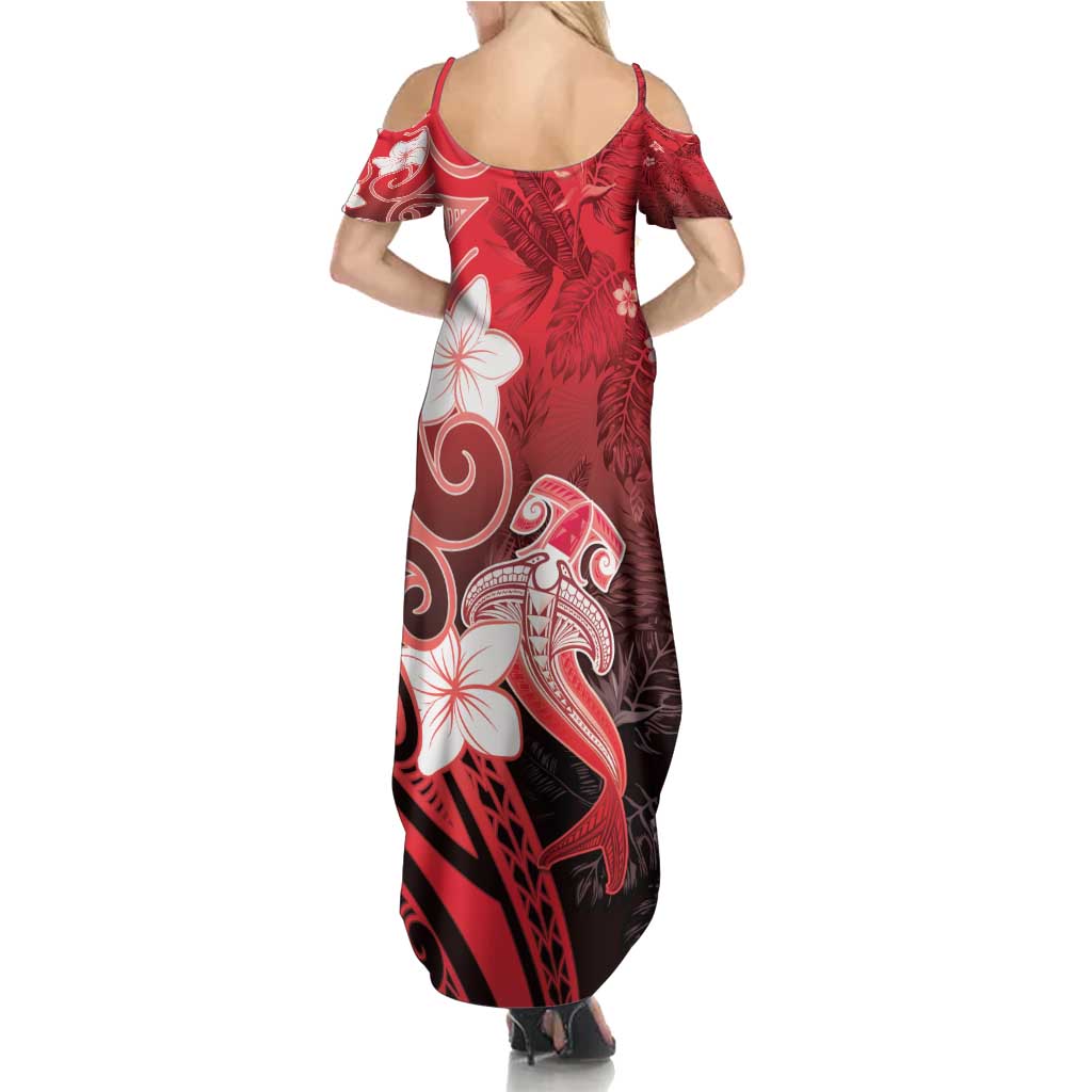 Polynesia Hammerhead Shark Family Matching Summer Maxi Dress and Hawaiian Shirt Red Tribal Pattern With Plumeria - Polynesian Pride