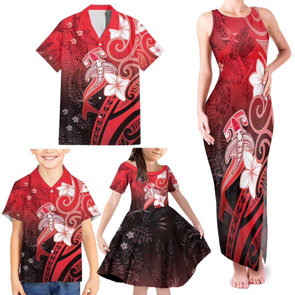 Polynesia Hammerhead Shark Family Matching Tank Maxi Dress and Hawaiian Shirt Red Tribal Pattern With Plumeria - Polynesian Pride