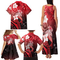 Polynesia Hammerhead Shark Family Matching Tank Maxi Dress and Hawaiian Shirt Red Tribal Pattern With Plumeria - Polynesian Pride