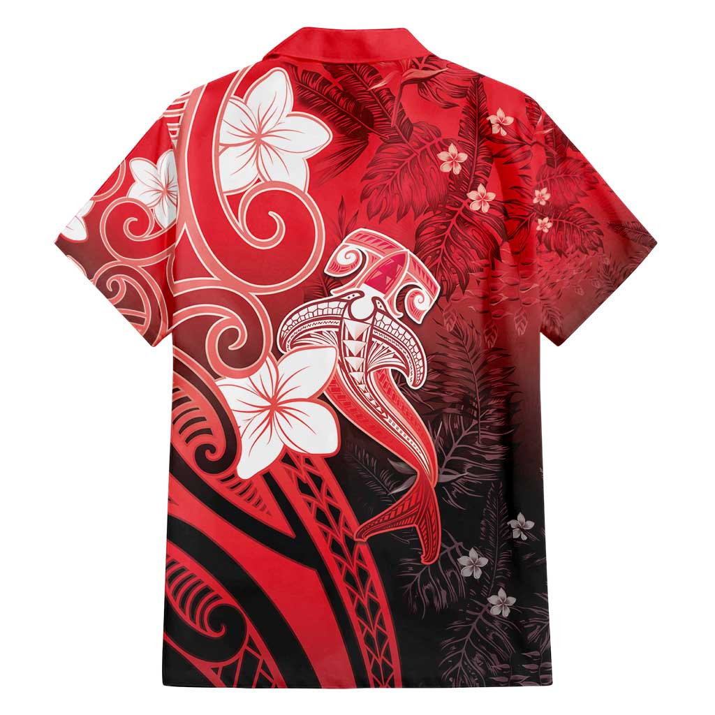 Polynesia Hammerhead Shark Family Matching Tank Maxi Dress and Hawaiian Shirt Red Tribal Pattern With Plumeria - Polynesian Pride