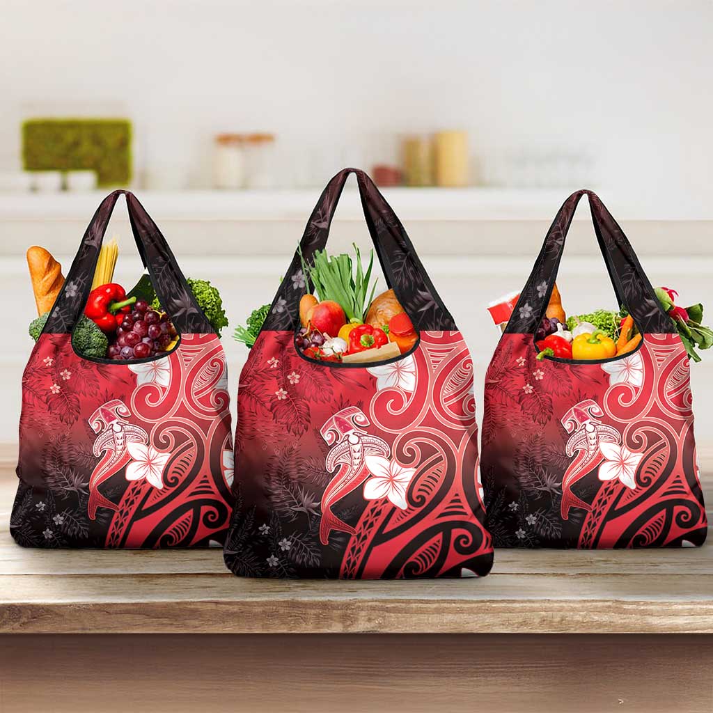 Polynesia Hammerhead Shark Grocery Bag Red Tribal Pattern With Plumeria - Polynesian Pride