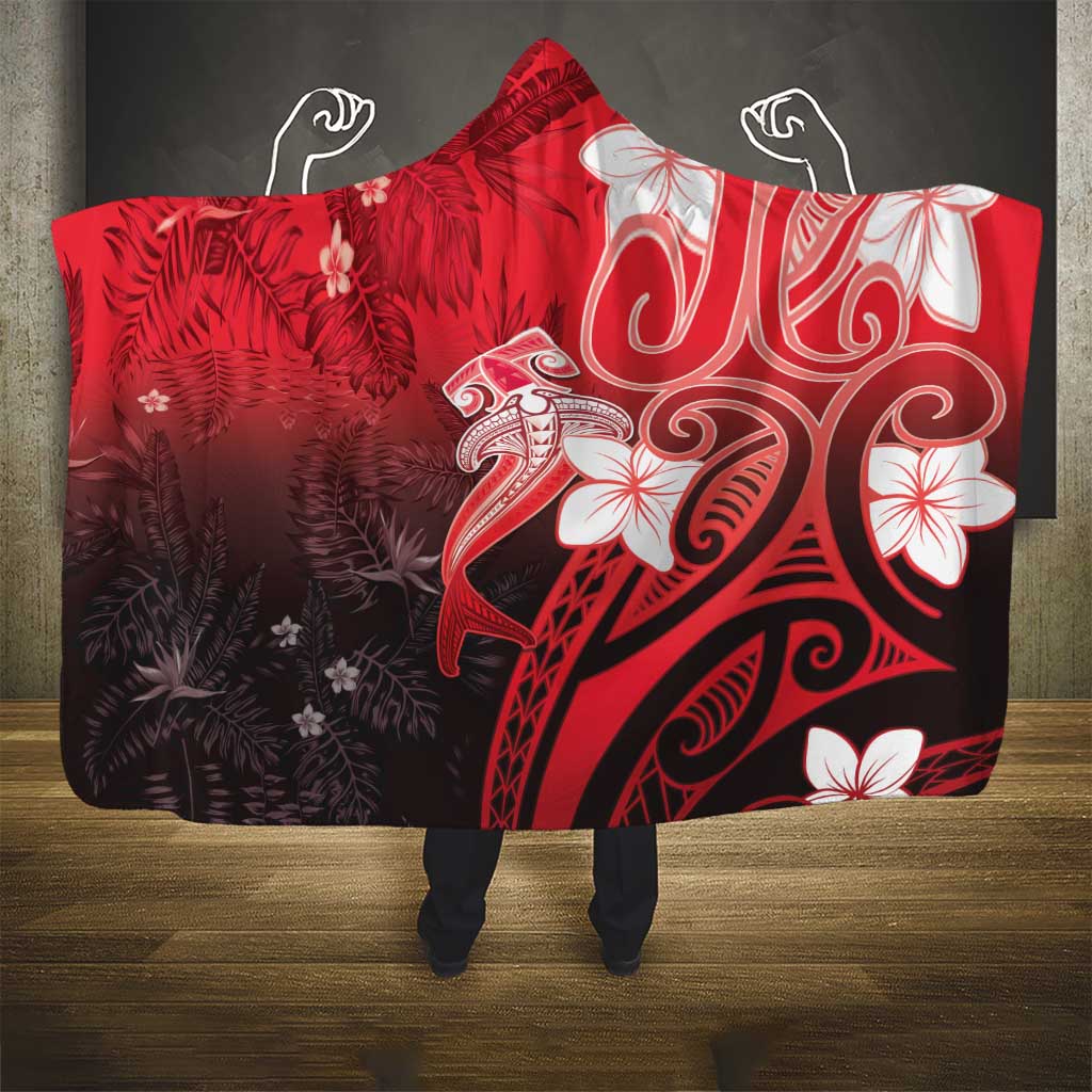 Polynesia Hammerhead Shark Hooded Blanket Red Tribal Pattern With Plumeria LT05 - Polynesian Pride