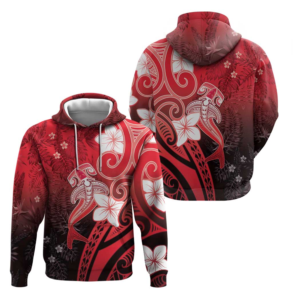 Polynesia Hammerhead Shark Hoodie Red Tribal Pattern With Plumeria LT05 - Polynesian Pride