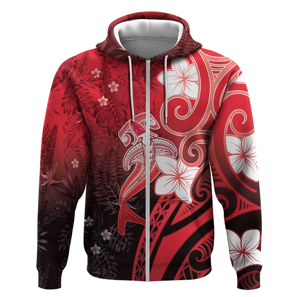 Polynesia Hammerhead Shark Hoodie Red Tribal Pattern With Plumeria LT05 Zip Hoodie Red - Polynesian Pride