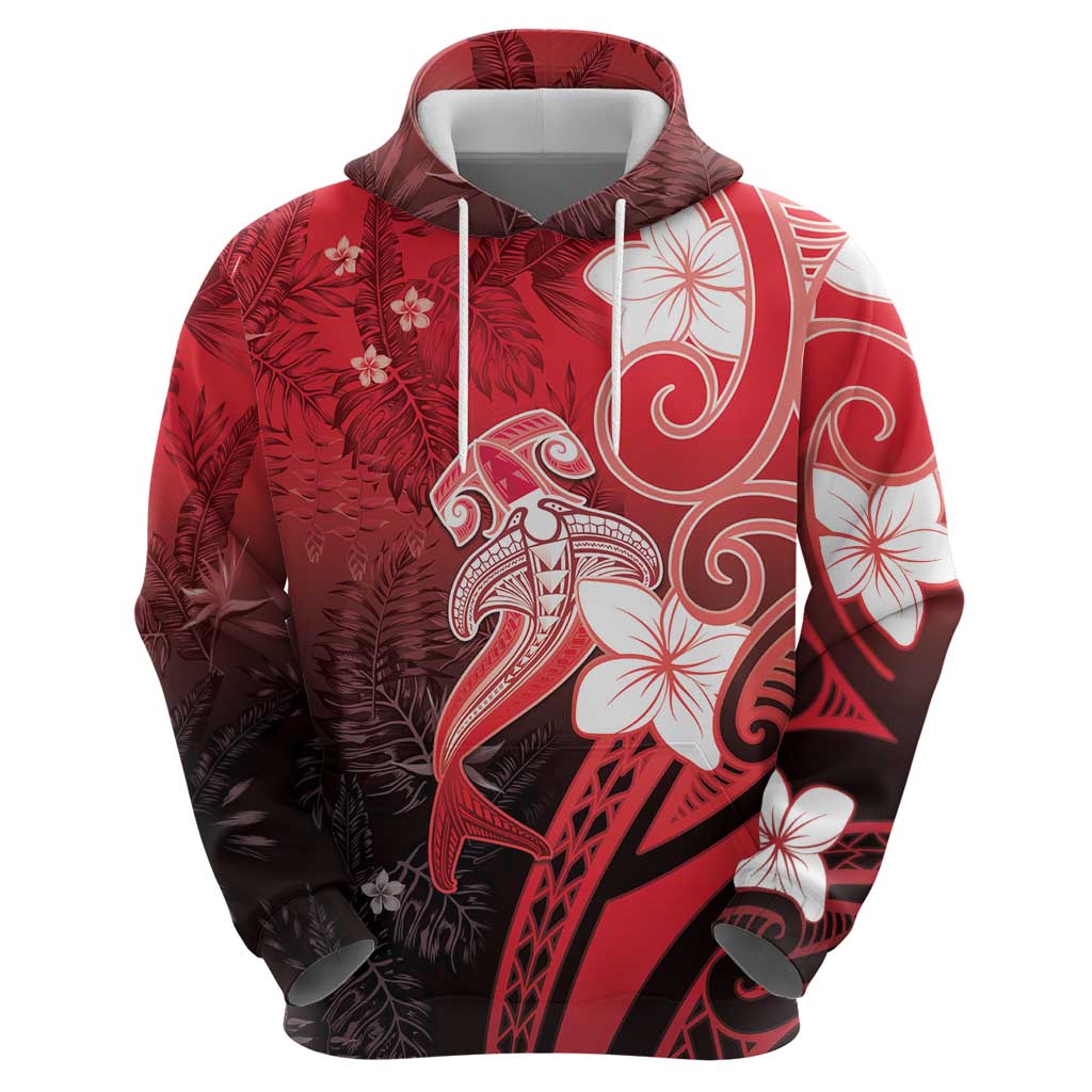 Polynesia Hammerhead Shark Hoodie Red Tribal Pattern With Plumeria LT05 - Polynesian Pride
