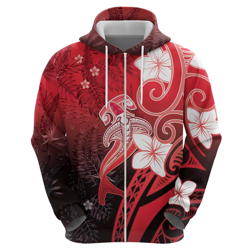 Polynesia Hammerhead Shark Hoodie Red Tribal Pattern With Plumeria LT05 - Polynesian Pride
