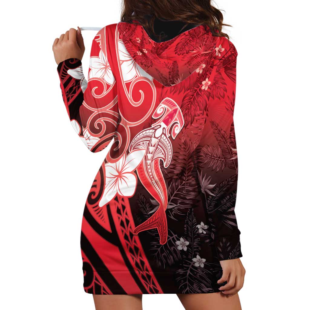Polynesia Hammerhead Shark Hoodie Dress Red Tribal Pattern With Plumeria LT05 - Polynesian Pride