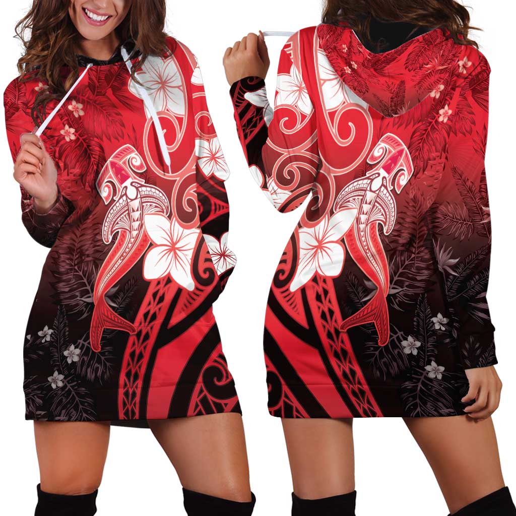 Polynesia Hammerhead Shark Hoodie Dress Red Tribal Pattern With Plumeria LT05 - Polynesian Pride