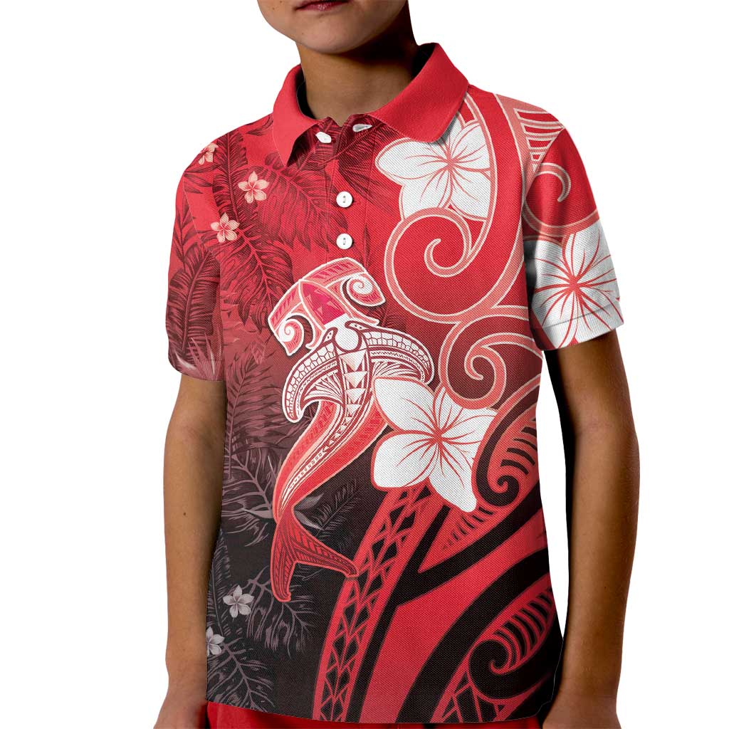 Polynesia Hammerhead Shark Kid Polo Shirt Red Tribal Pattern With Plumeria LT05 Kid Red - Polynesian Pride