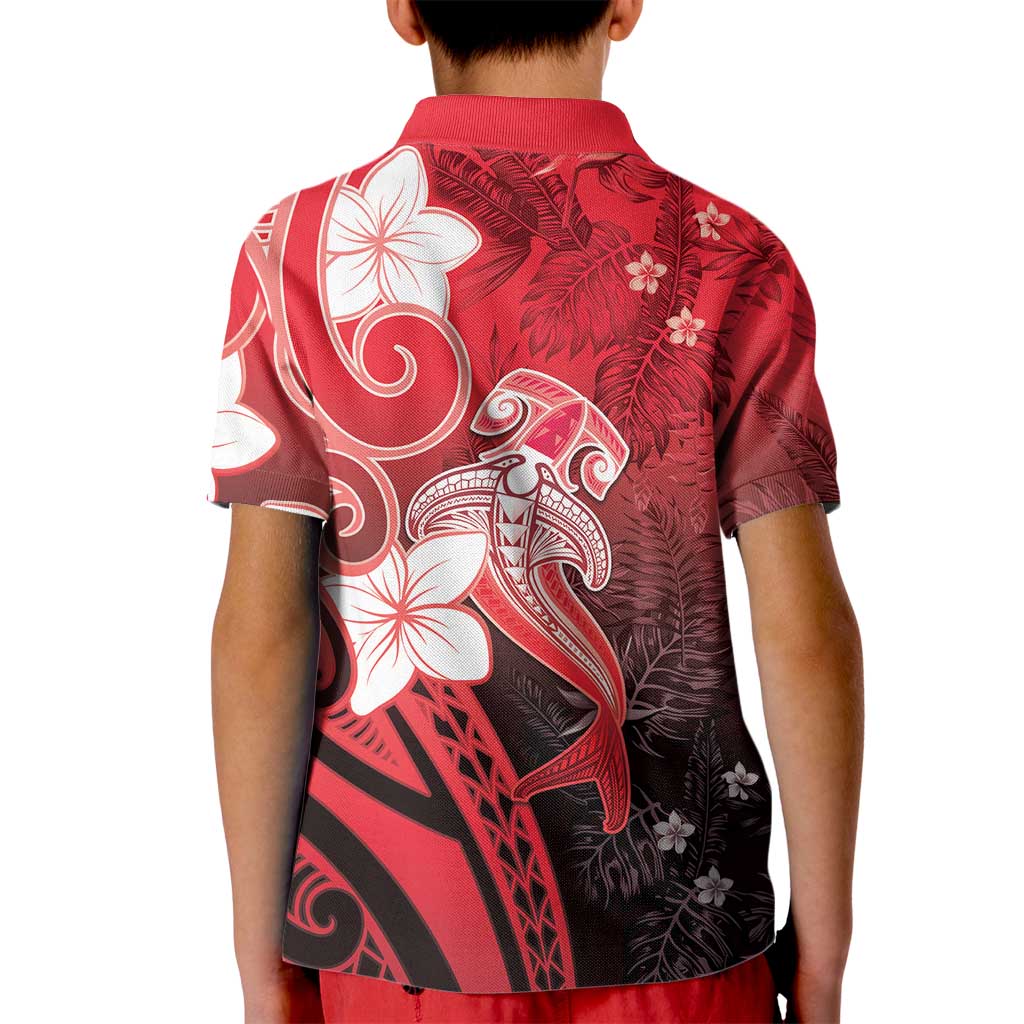 Polynesia Hammerhead Shark Kid Polo Shirt Red Tribal Pattern With Plumeria LT05 - Polynesian Pride