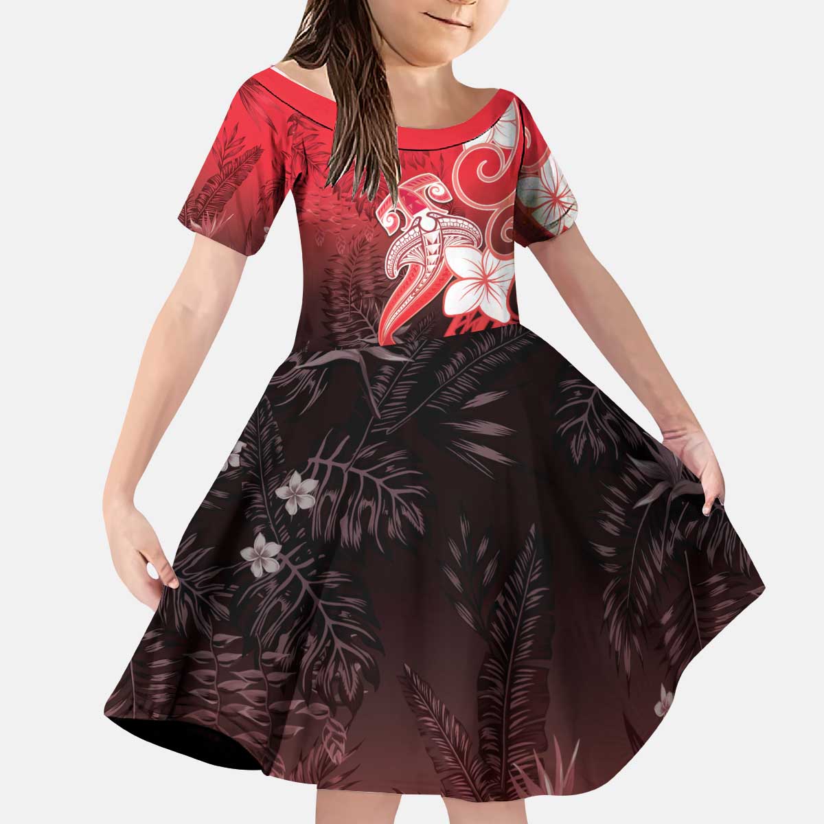 Polynesia Hammerhead Shark Kid Short Sleeve Dress Red Tribal Pattern With Plumeria LT05 KID Red - Polynesian Pride