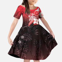 Polynesia Hammerhead Shark Kid Short Sleeve Dress Red Tribal Pattern With Plumeria LT05 KID Red - Polynesian Pride