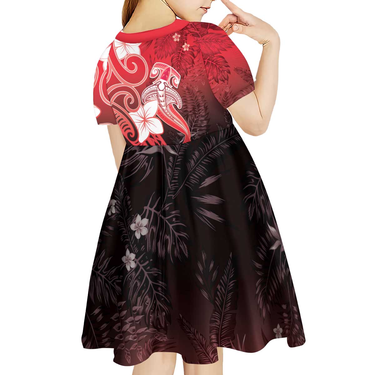 Polynesia Hammerhead Shark Kid Short Sleeve Dress Red Tribal Pattern With Plumeria LT05 - Polynesian Pride