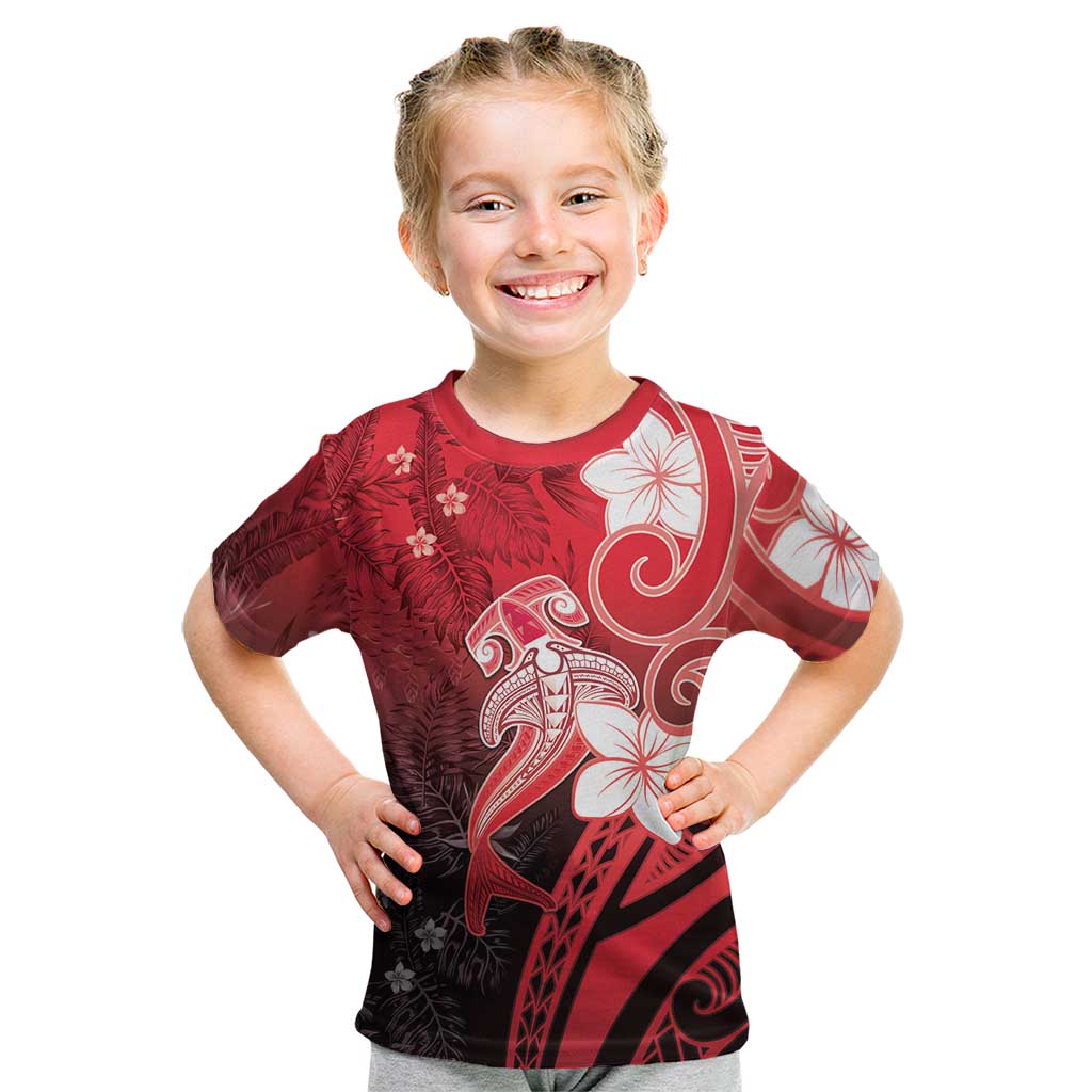 Polynesia Hammerhead Shark Kid T Shirt Red Tribal Pattern With Plumeria LT05 Red - Polynesian Pride