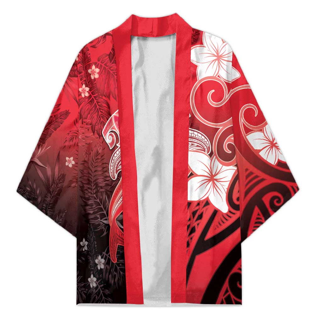 Polynesia Hammerhead Shark Kimono Red Tribal Pattern With Plumeria - Polynesian Pride