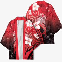Polynesia Hammerhead Shark Kimono Red Tribal Pattern With Plumeria - Polynesian Pride