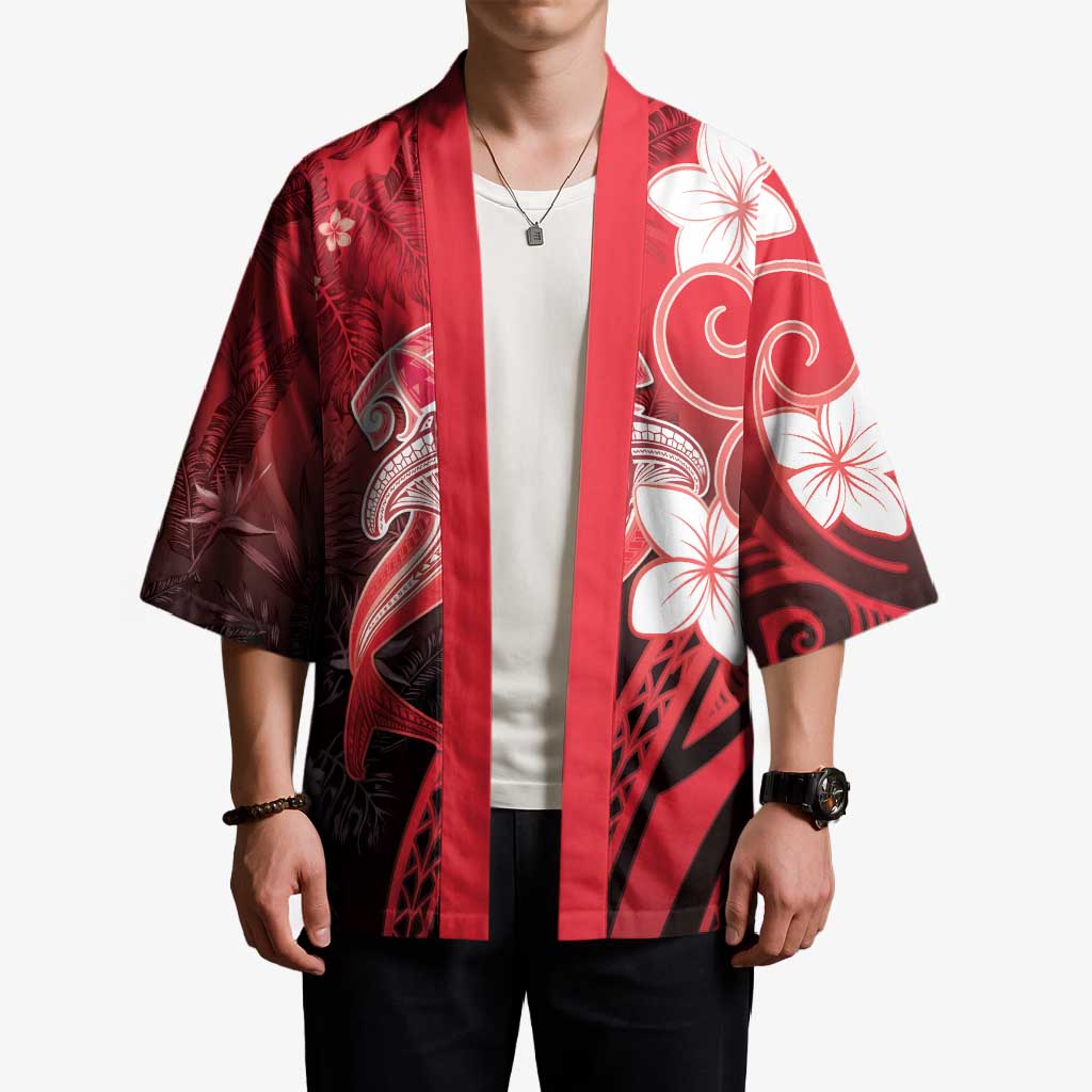 Polynesia Hammerhead Shark Kimono Red Tribal Pattern With Plumeria - Polynesian Pride