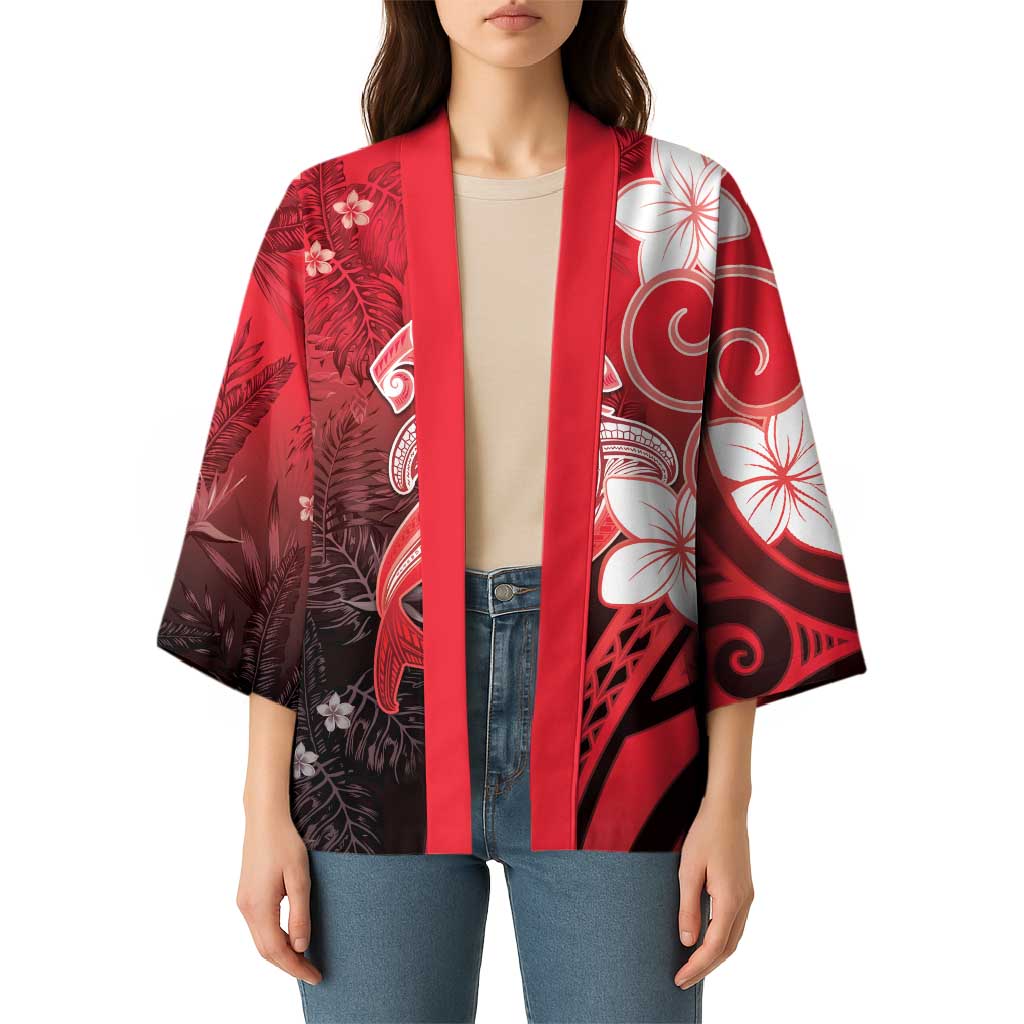 Polynesia Hammerhead Shark Kimono Red Tribal Pattern With Plumeria - Polynesian Pride