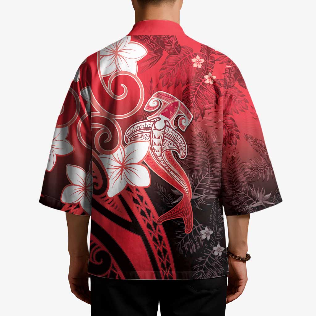 Polynesia Hammerhead Shark Kimono Red Tribal Pattern With Plumeria - Polynesian Pride