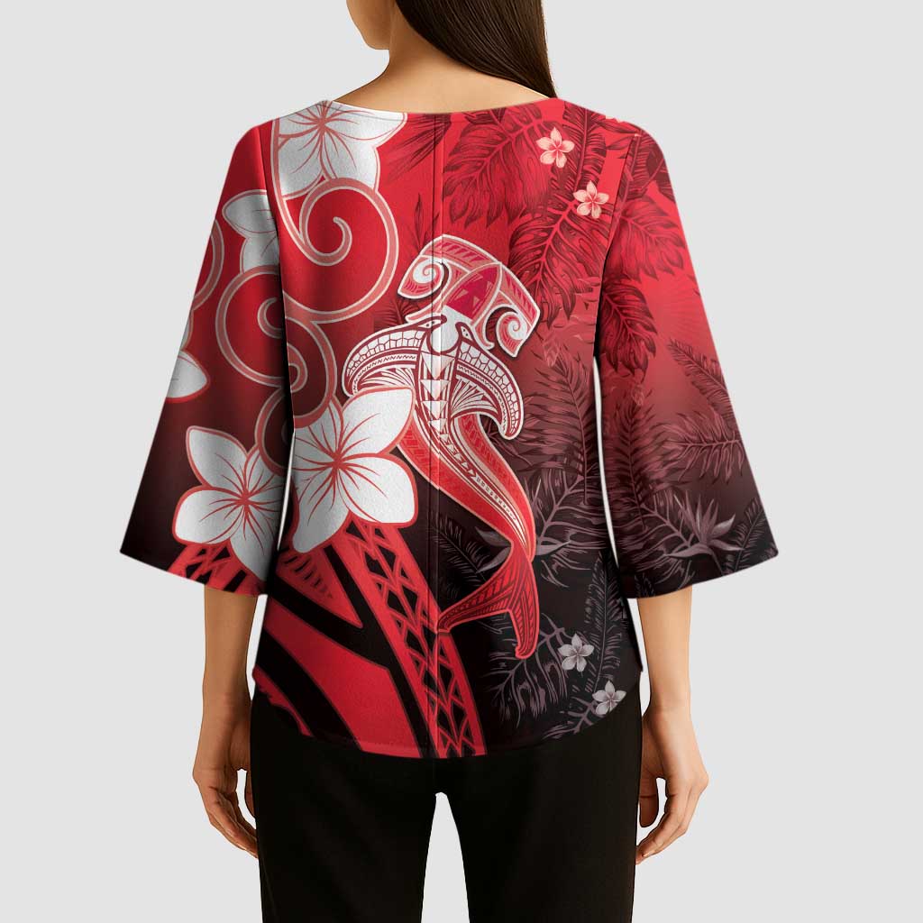 Polynesia Hammerhead Shark Kimono Sleeve Blouse Red Tribal Pattern With Plumeria - Polynesian Pride