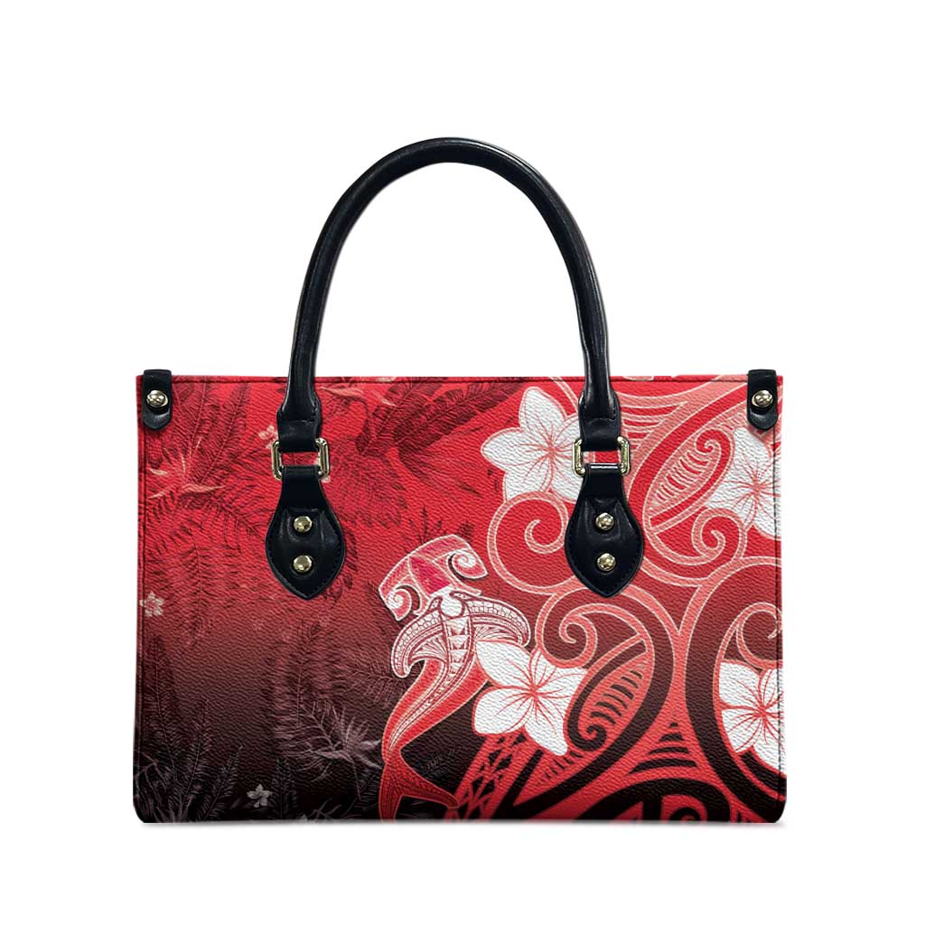 Polynesia Hammerhead Shark Leather Bag Red Tribal Pattern With Plumeria - Polynesian Pride