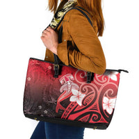 Polynesia Hammerhead Shark Leather Tote Bag Red Tribal Pattern With Plumeria - Polynesian Pride