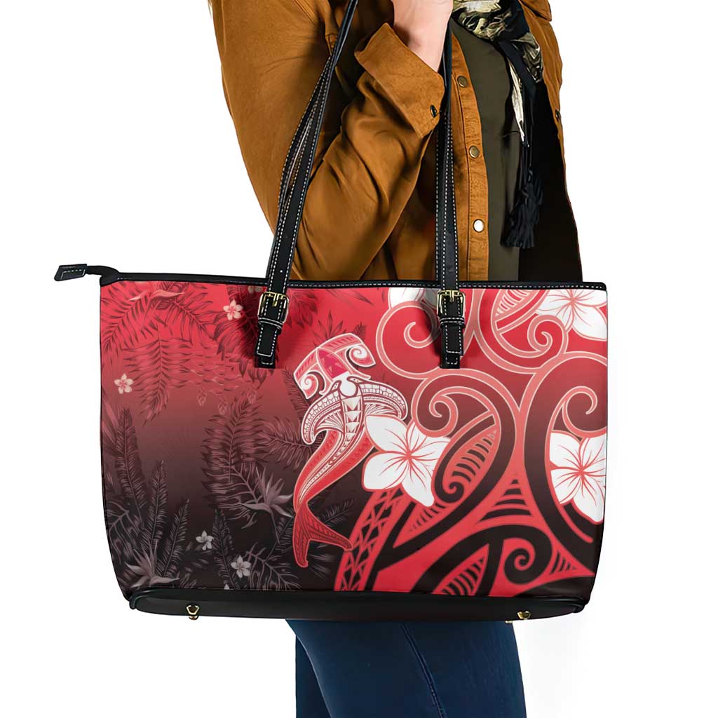 Polynesia Hammerhead Shark Leather Tote Bag Red Tribal Pattern With Plumeria - Polynesian Pride