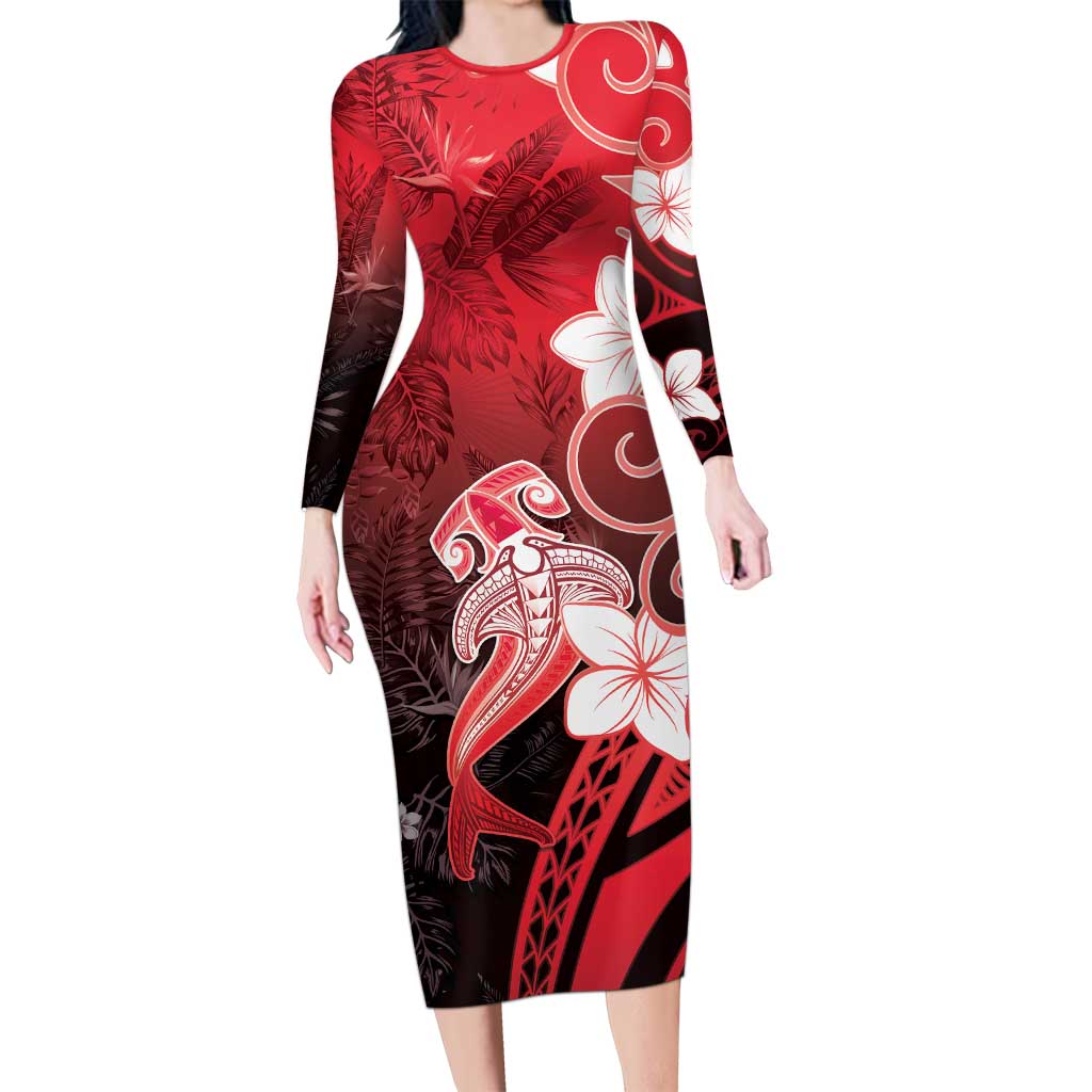 Polynesia Hammerhead Shark Long Sleeve Bodycon Dress Red Tribal Pattern With Plumeria - Polynesian Pride