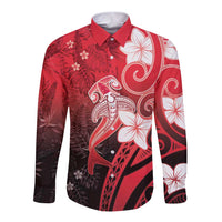 Polynesia Hammerhead Shark Long Sleeve Button Shirt Red Tribal Pattern With Plumeria LT05 Unisex Red - Polynesian Pride
