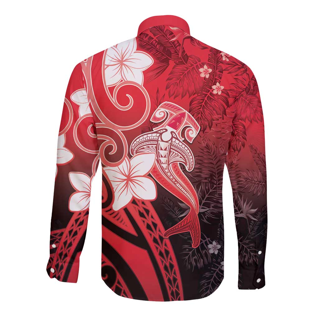Polynesia Hammerhead Shark Long Sleeve Button Shirt Red Tribal Pattern With Plumeria LT05 - Polynesian Pride