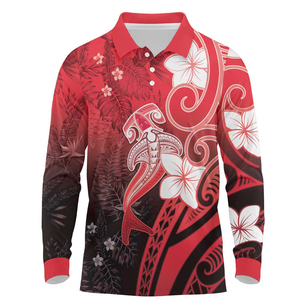 Polynesia Hammerhead Shark Long Sleeve Polo Shirt Red Tribal Pattern With Plumeria LT05 Red - Polynesian Pride
