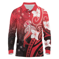 Polynesia Hammerhead Shark Long Sleeve Polo Shirt Red Tribal Pattern With Plumeria LT05 Red - Polynesian Pride
