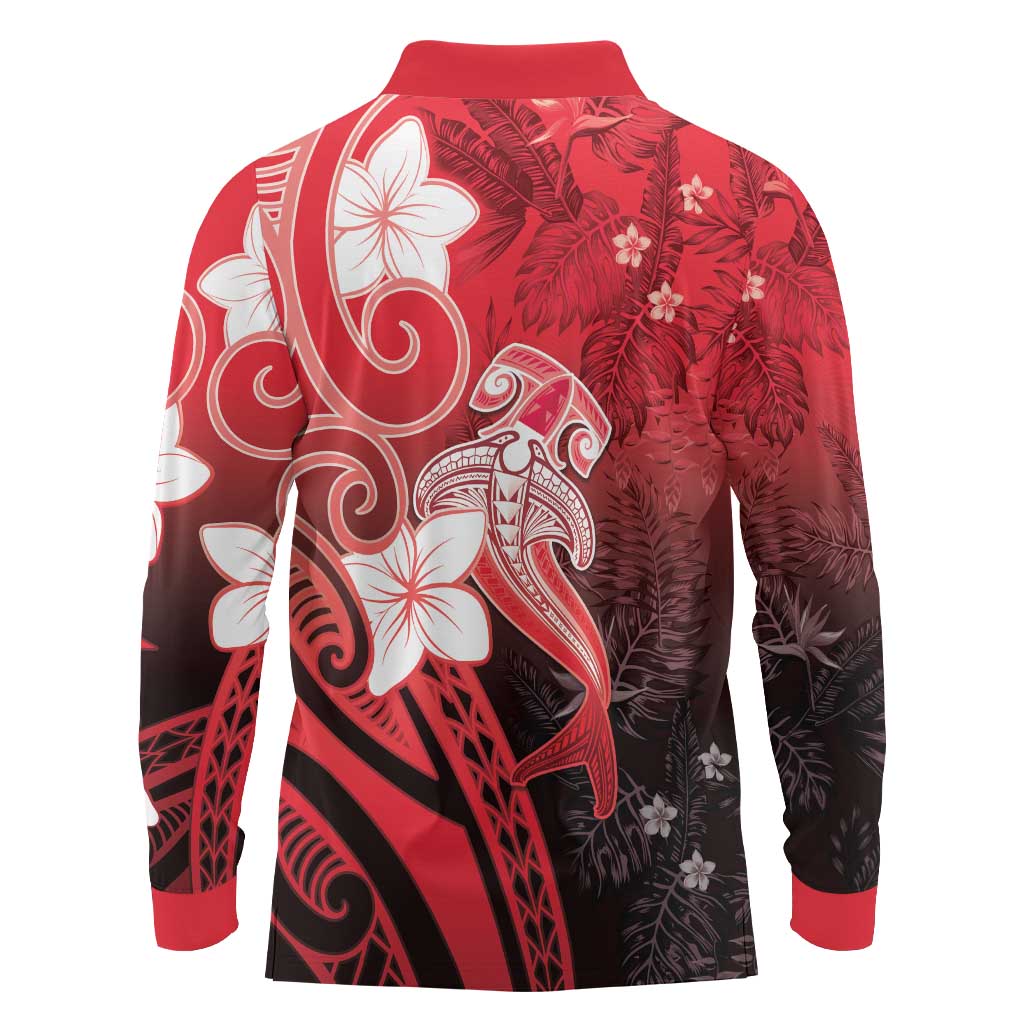 Polynesia Hammerhead Shark Long Sleeve Polo Shirt Red Tribal Pattern With Plumeria LT05 - Polynesian Pride