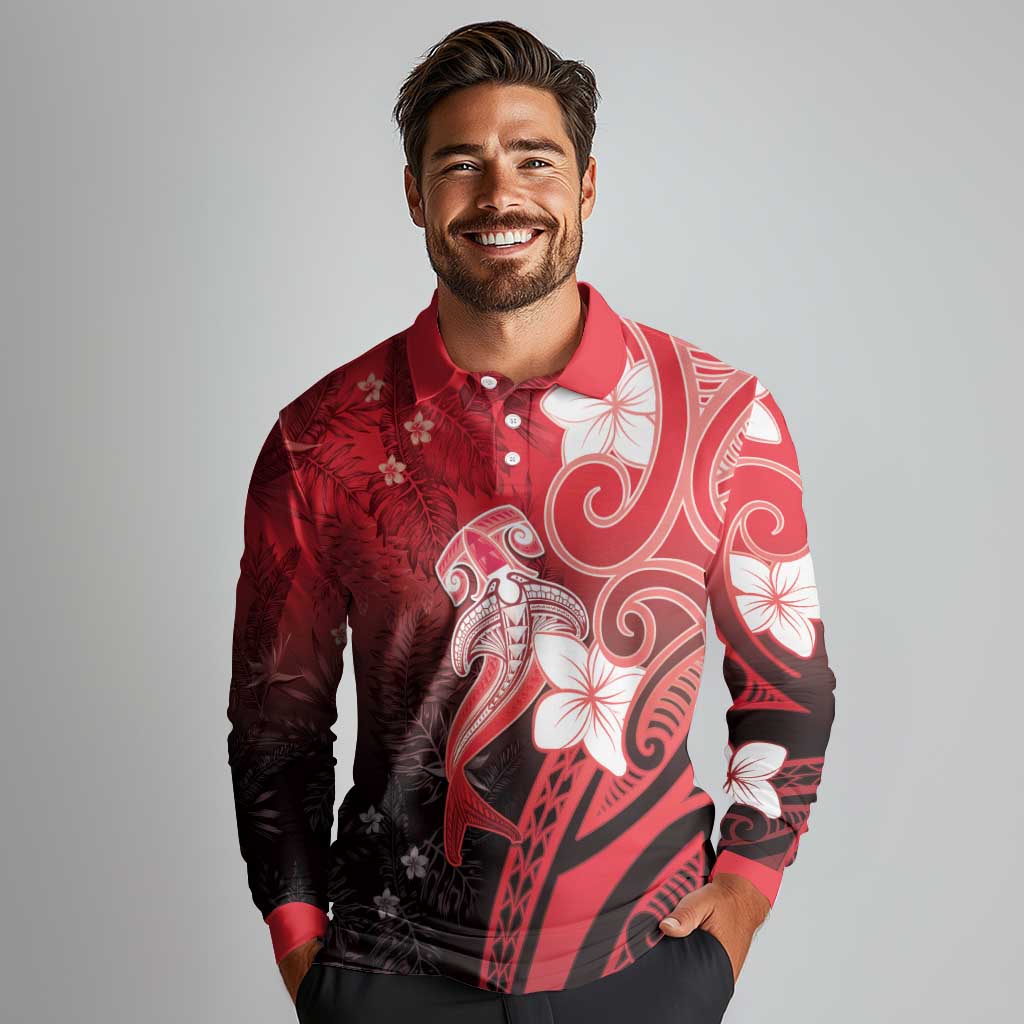 Polynesia Hammerhead Shark Long Sleeve Polo Shirt Red Tribal Pattern With Plumeria LT05 - Polynesian Pride