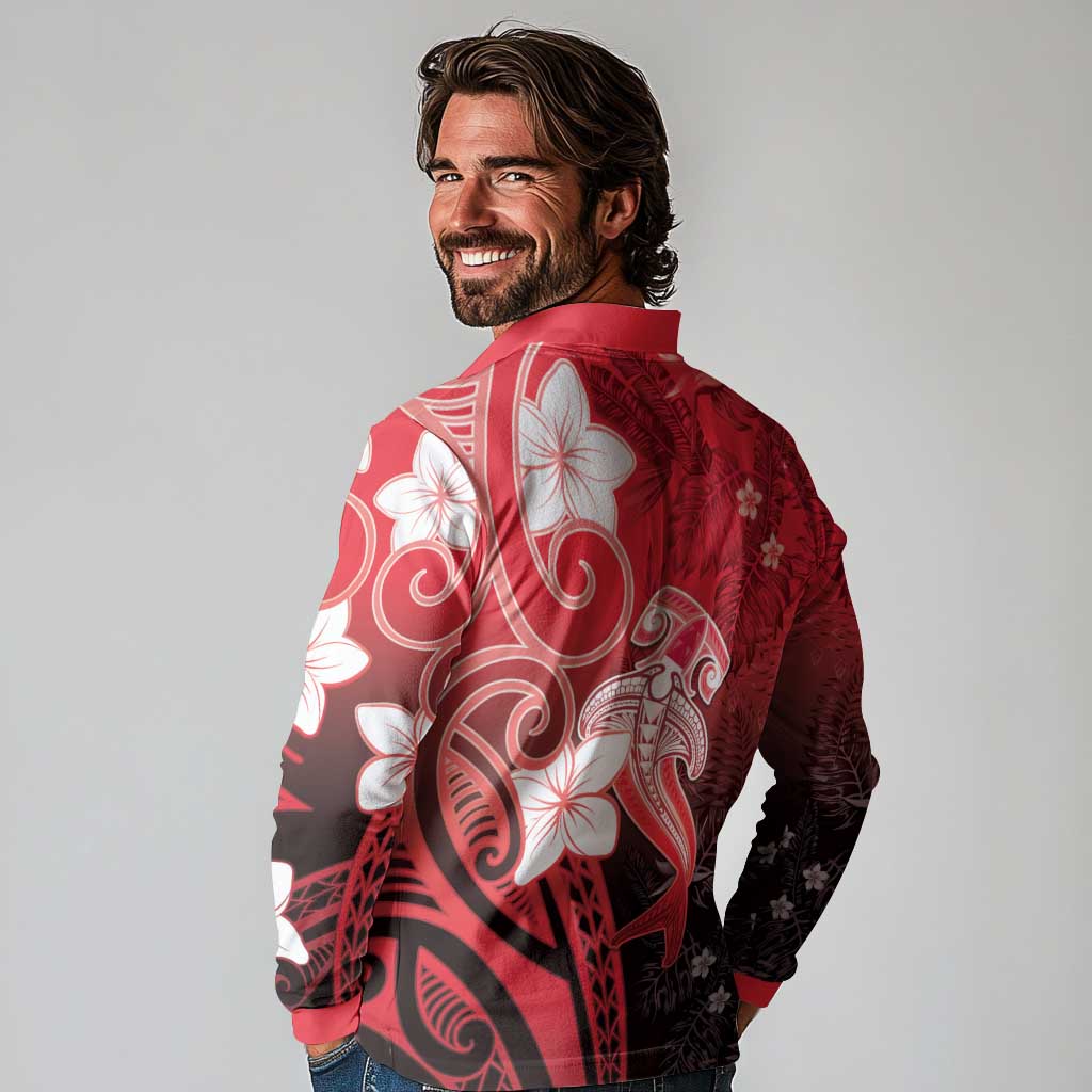 Polynesia Hammerhead Shark Long Sleeve Polo Shirt Red Tribal Pattern With Plumeria LT05 - Polynesian Pride
