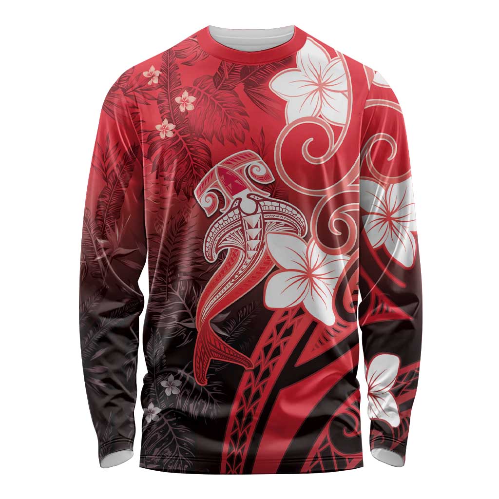 Polynesia Hammerhead Shark Long Sleeve Shirt Red Tribal Pattern With Plumeria LT05 Unisex Red - Polynesian Pride