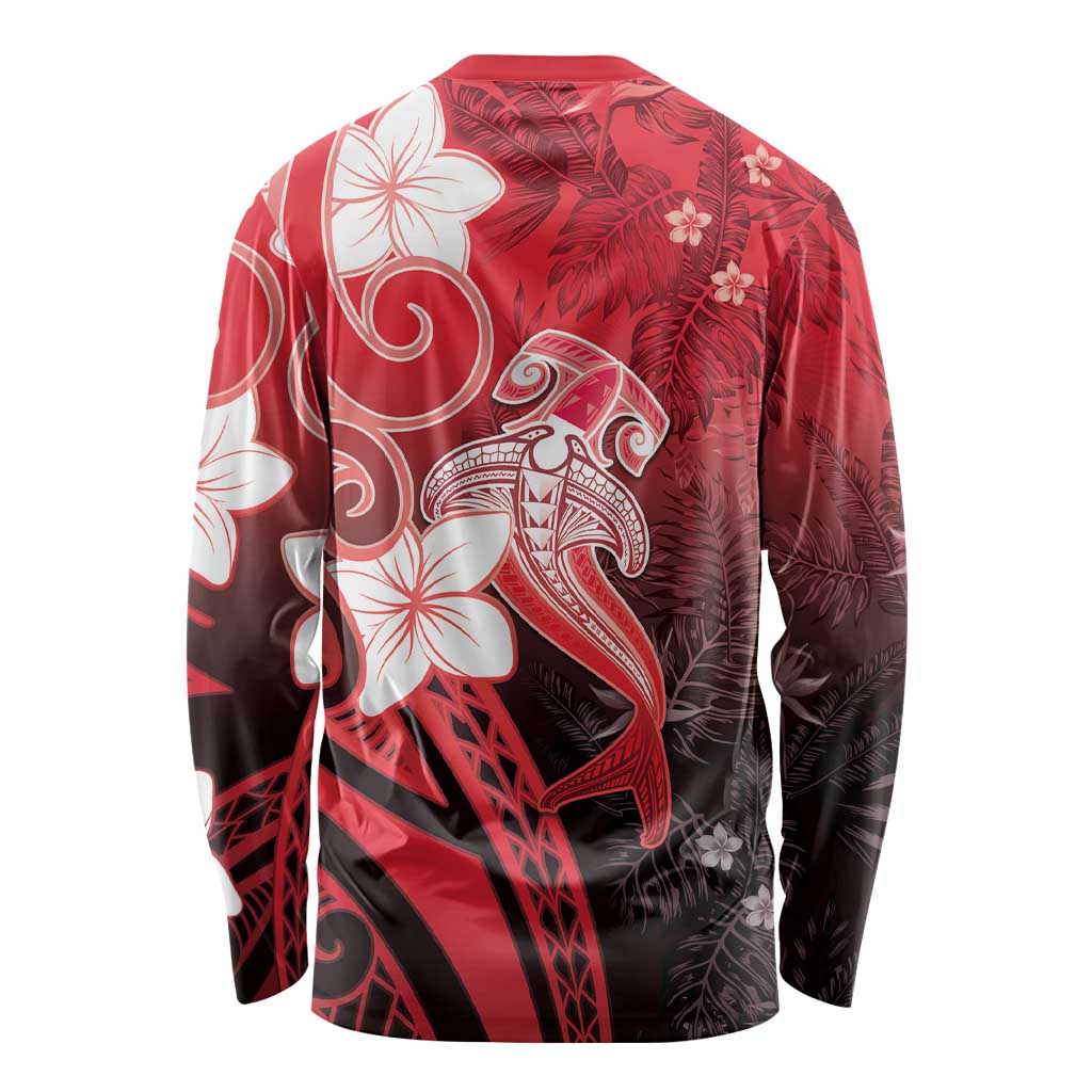 Polynesia Hammerhead Shark Long Sleeve Shirt Red Tribal Pattern With Plumeria LT05 - Polynesian Pride