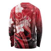 Polynesia Hammerhead Shark Long Sleeve Shirt Red Tribal Pattern With Plumeria LT05 - Polynesian Pride