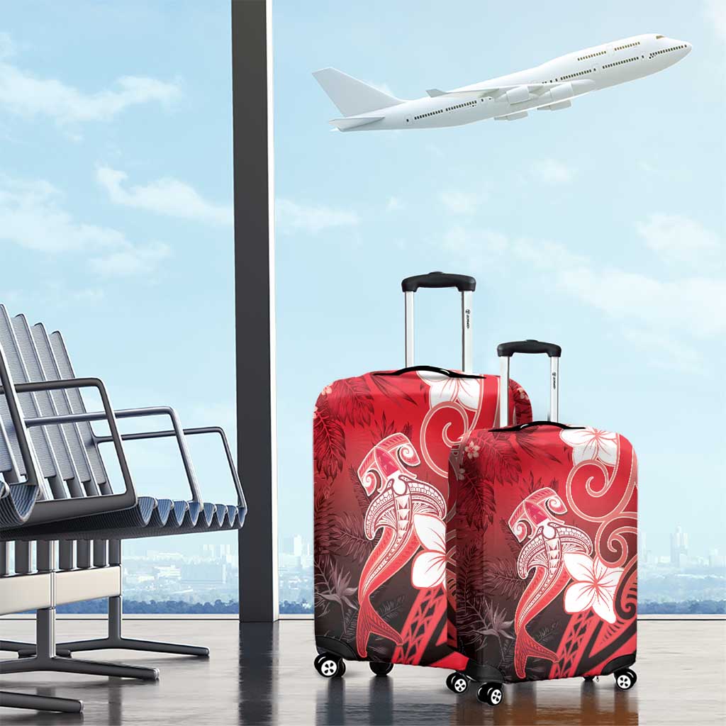 Polynesia Hammerhead Shark Luggage Cover Red Tribal Pattern With Plumeria - Polynesian Pride