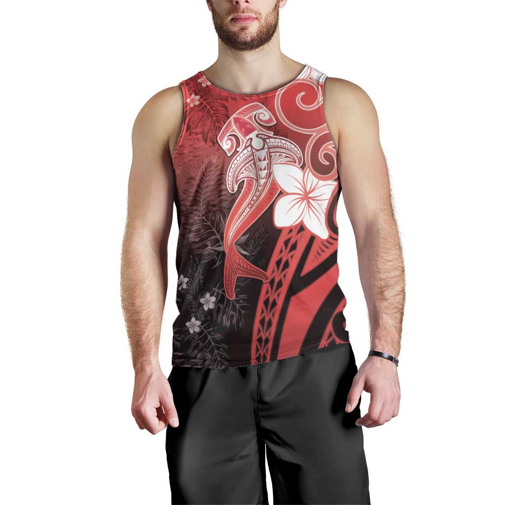Polynesia Hammerhead Shark Men Tank Top Red Tribal Pattern With Plumeria LT05 - Polynesian Pride