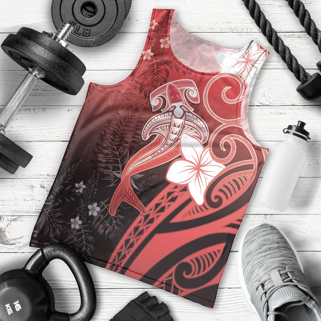 Polynesia Hammerhead Shark Men Tank Top Red Tribal Pattern With Plumeria LT05 - Polynesian Pride