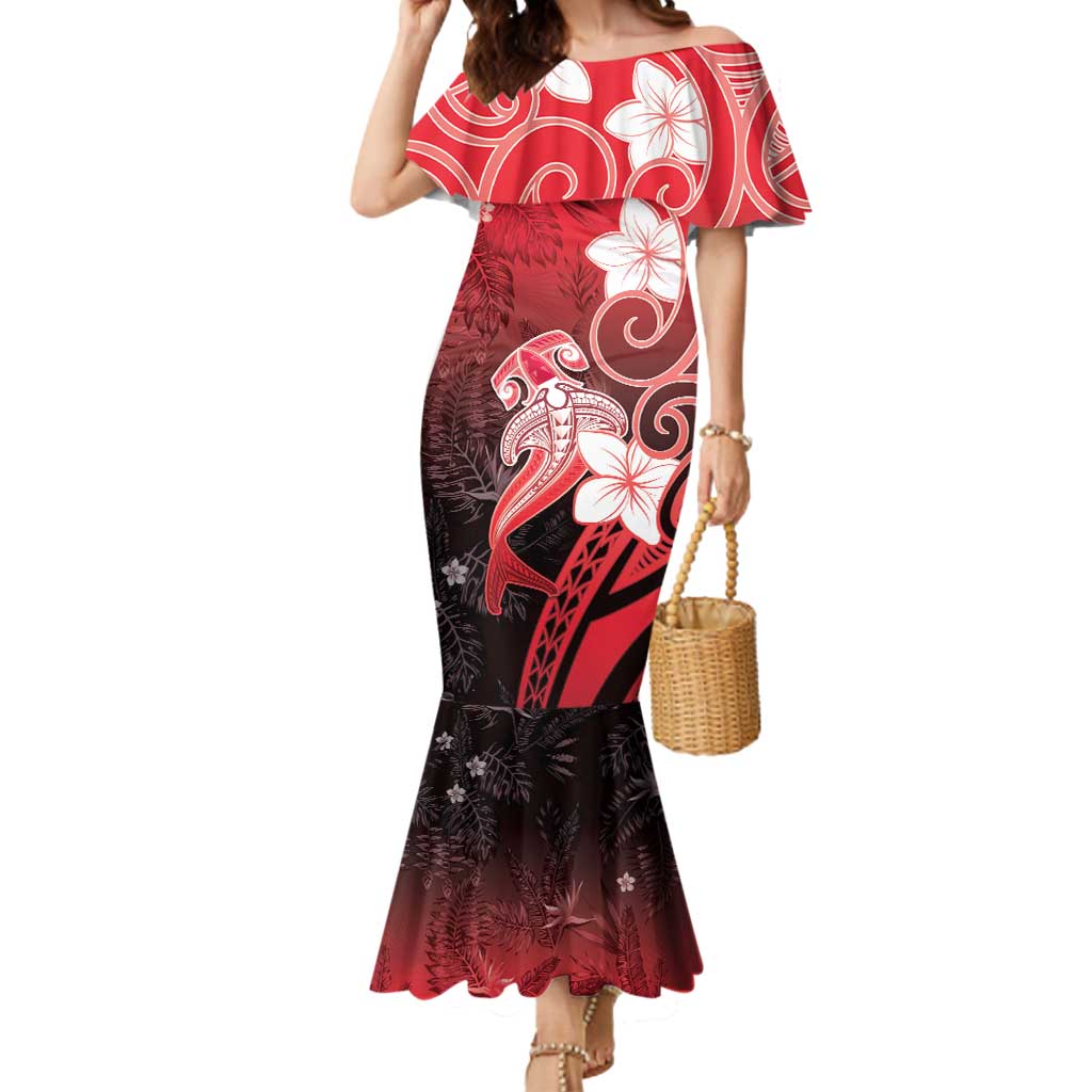 Polynesia Hammerhead Shark Mermaid Dress Red Tribal Pattern With Plumeria LT05 Women Red - Polynesian Pride