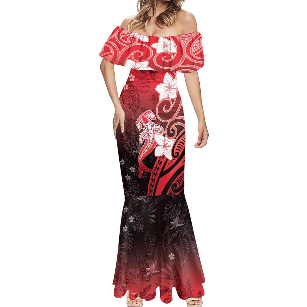 Polynesia Hammerhead Shark Mermaid Dress Red Tribal Pattern With Plumeria LT05 - Polynesian Pride