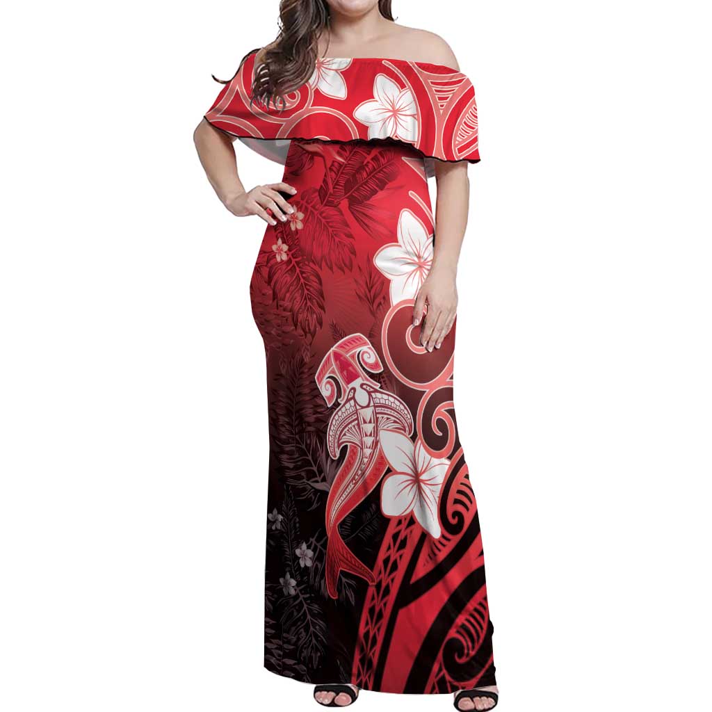 Polynesia Hammerhead Shark Off Shoulder Maxi Dress Red Tribal Pattern With Plumeria LT05 Women Red - Polynesian Pride