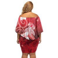 Polynesia Hammerhead Shark Off Shoulder Short Dress Red Tribal Pattern With Plumeria LT05 - Polynesian Pride